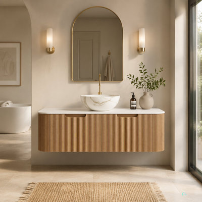 Meuble-lavabo de salle de bain 48 po Dina, armoire de rangement à bords arrondis et rayés avec 2 tiroirs, cuve en céramique avec cuve en céramique mate et plateau en pierre frittée Carrara, pré-assemblé
