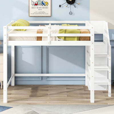 Lit mezzanine double en blanc avec rangement intégré et escalier - Structure en bois de pin robuste pour l'intérieur de la chambre intégrée
