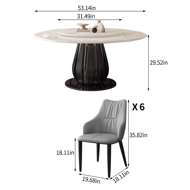 Simple modern marble round dining table set, 29.52"H x 53.14"L x 53.14"W