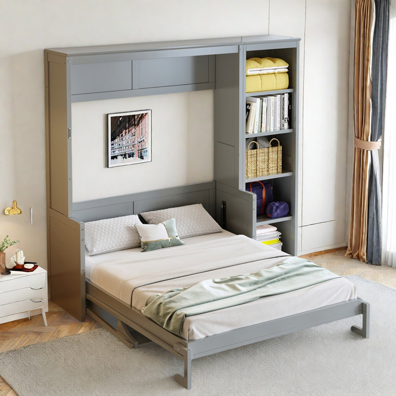 Lit escamotable avec bureau et tablettes Murphy, Gris, Double