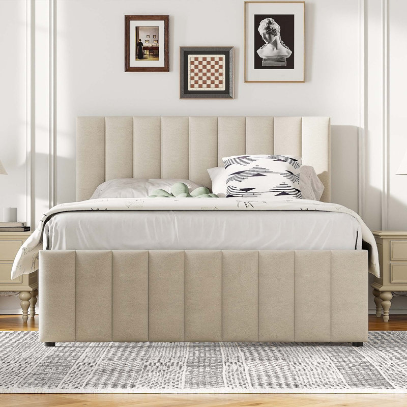 Lit rembourré 3 tiroirs avec lit gigogne, Beige, Double
