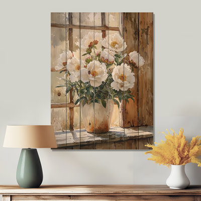 Peonies And The Farmhouse Door - Peonies Wood Wall Decor - On Natural Pine Wood