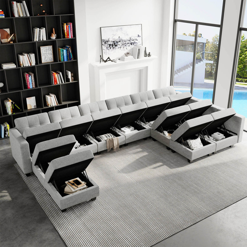 Grand canapé modulaire modulaire en U en mélange de polyester avec rangement 169,4 po Ashbury Ivery