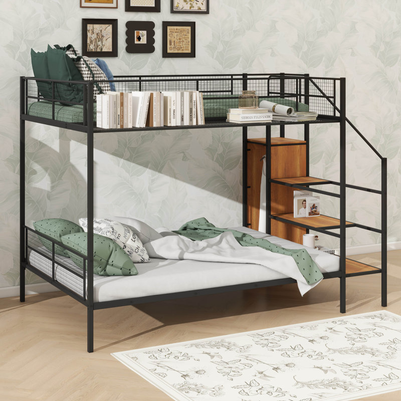 Lit superposé pratique en métal avec étagères grillagées et armoire intégrée, Noir, noir, noir, noir