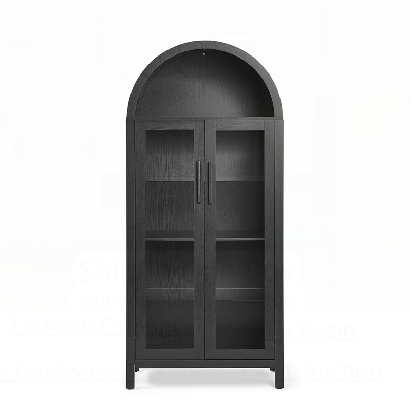 High Arched Storage Cabinet with Lamp, Modern Retro-Style Wooden Multi-Functional Kitchen Cabinet with Adjustable Glass Partitions