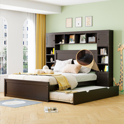 Wooden Bed with All-in-One Cabinet, Shelf, Sockets, and XL Trundle for Functional Living