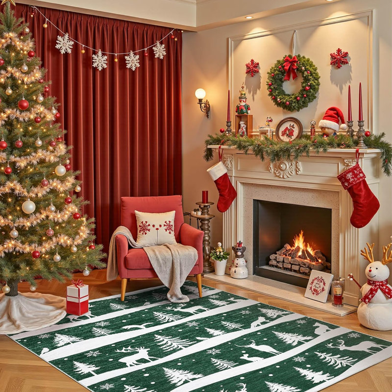 Christmas  Area Rug with Tree and Reindeer, Low Pile Non-Slip Washable Rug for Living Room Holiday Decor, Rectangle 9' x 12'