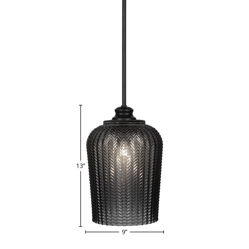 Luminaire suspendu en forme de tige Cordova au fini noir mat avec verre texturé fumé de 9 po