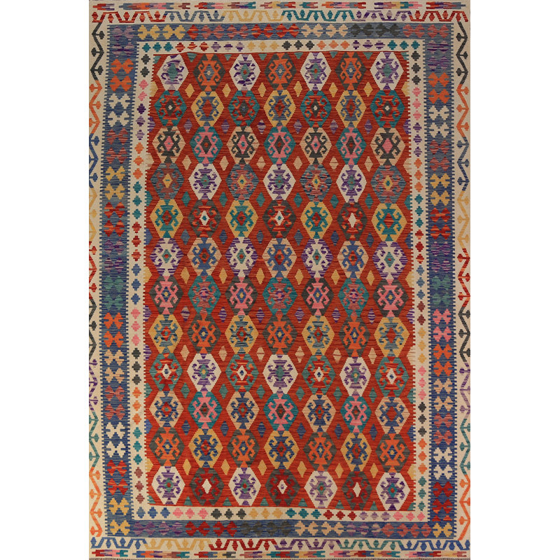 Tapis oriental géométrique en laine Kilim 8 x 12