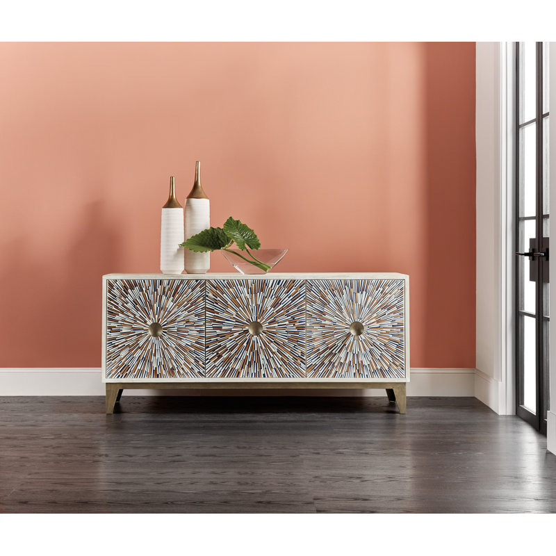 White and Gold Starburst Inlay Media Console with Cabinet