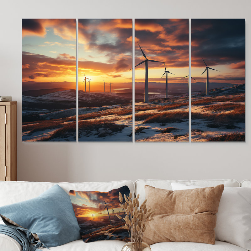 «Sunset Wind Turbines Mountain View V - Wind Turbines», ensemble de 4 décorations murales, H 28 po x l 48 po