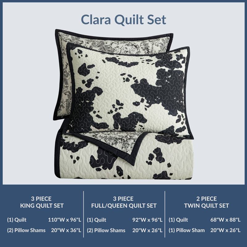 Clara Cream Black Cow Print Cowhide Pattern Reversible Western Southwestern Quilt Set, King Quilt + 2 King Shams