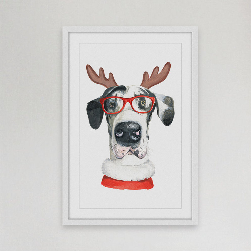« cerf dog », reproduction de peinture à l’aquarelle encadrée, H 18 po x l 12 po