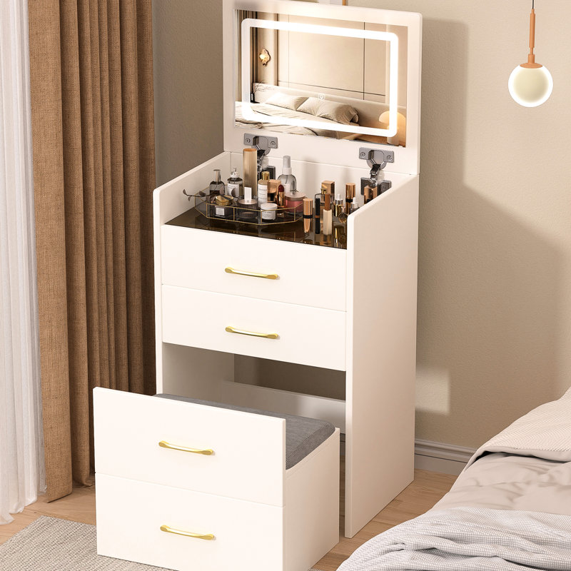 Coiffeuse 3 en 1 compacte, coiffeuse de chambre blanche avec tiroirs et beaucoup de rangement pour un grand bureau visible en verre