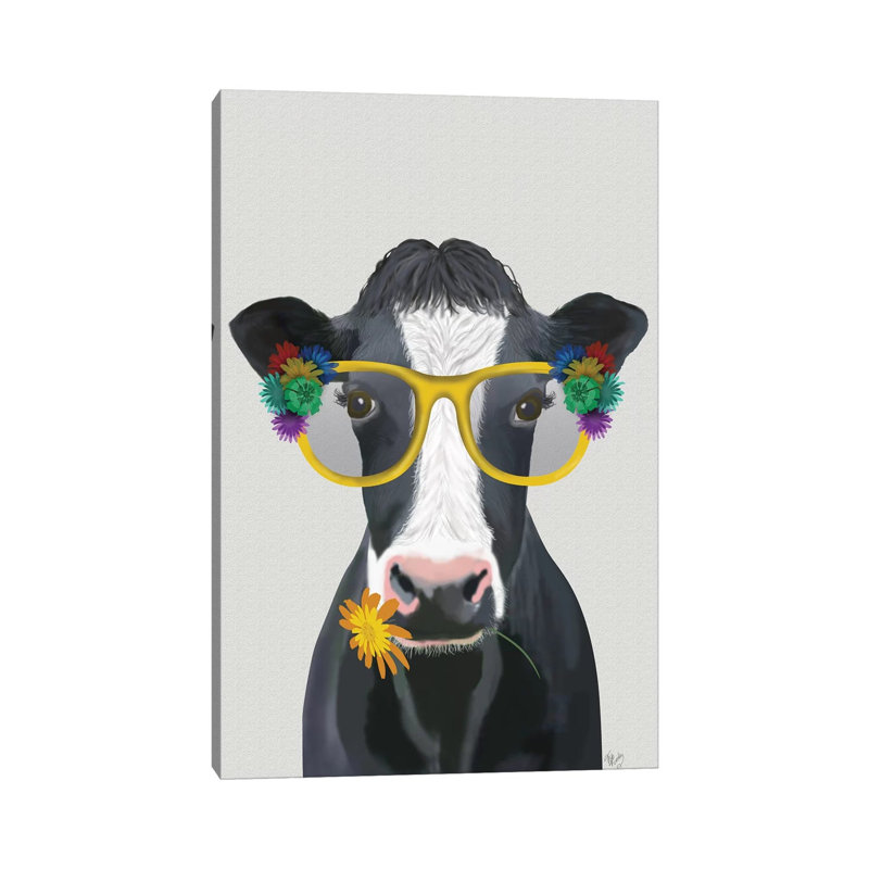 Cow and Flower Glasses 1 Piece Wrapped Canvas Wall Art, 20.32 cm H x 30.48 cm W