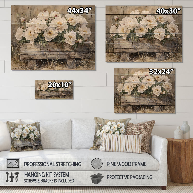 Far, Peonies Near The Water Trough - Peonies Wood Wall Decor - On Natural Pine Wood, 10" H x 20" W x 0.78" D
