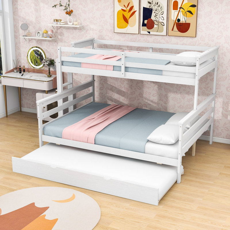 Twin XL Over Queen Bunk Bed with Twin Trundle, Guardrails and Ladder, White