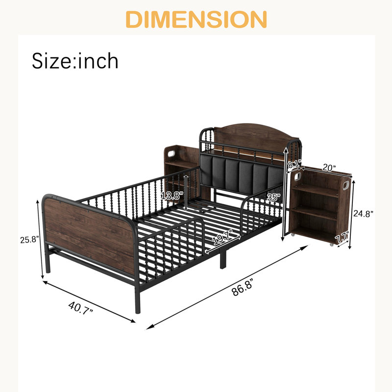 Structure de lit plateforme simple en métal avec lumière, lit simple en métal pour enfants avec tablettes de rangement rembourrées et escamotables