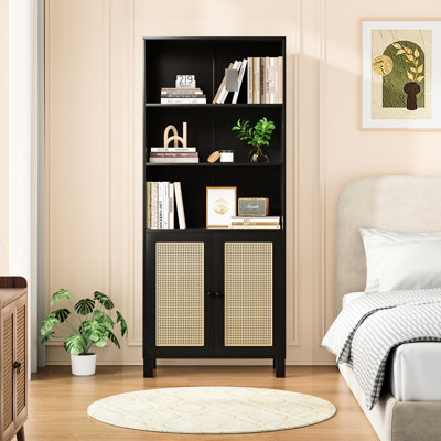 Bibliothèque noire à 5 niveaux avec portes, rangement polyvalent pour le salon, la chambre à coucher et la cuisine