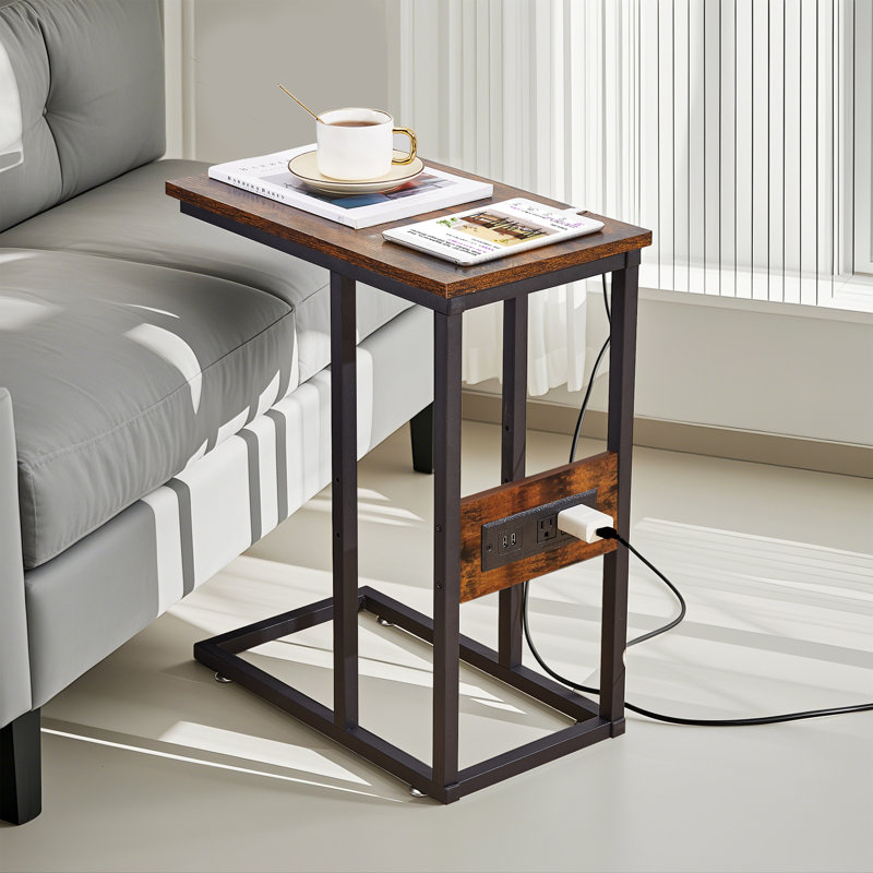 C End Table With USB And Built-In Outlets Sofa Table with Charging Station for Living Room, Brown Top/Black Base