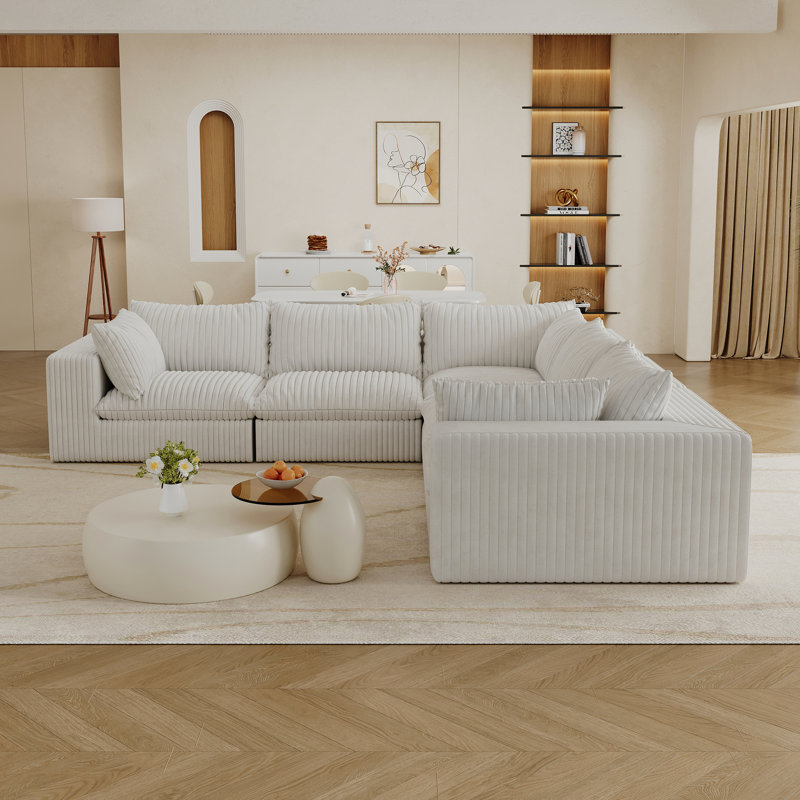 Tissu en velours côtelé de 118,2 po Alla blanc nuage, 5 sièges, conception à deux couches, coussin amovible, sans assemblage, bricolage pour appartement et chambre à coucher, rembourrage en mousse souple, couleur à compression à haute densité, couleur d'installation