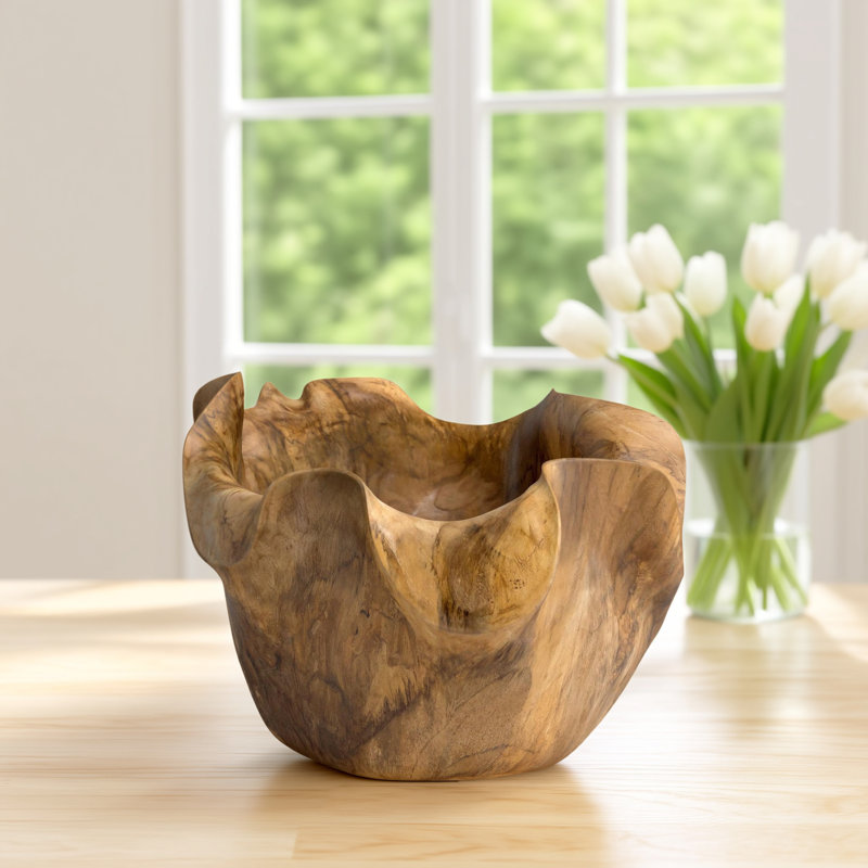 Enny Hand-Carved Decorative Teak Root Bowl, Bohemian Accent Bowl for Tabletop, Counter, Shelf, or Centerpiece Display, 14” X 12” X 8”