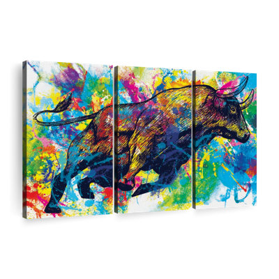 Bull Bull Splash sur toile, 3 pièces