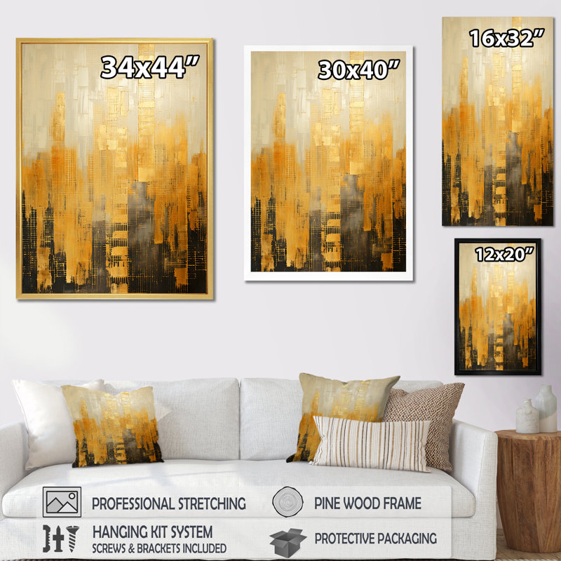 " Golden Grid Skyscraper Skyline ", 20" H x 12" W x 1" D, Black Floater Framed