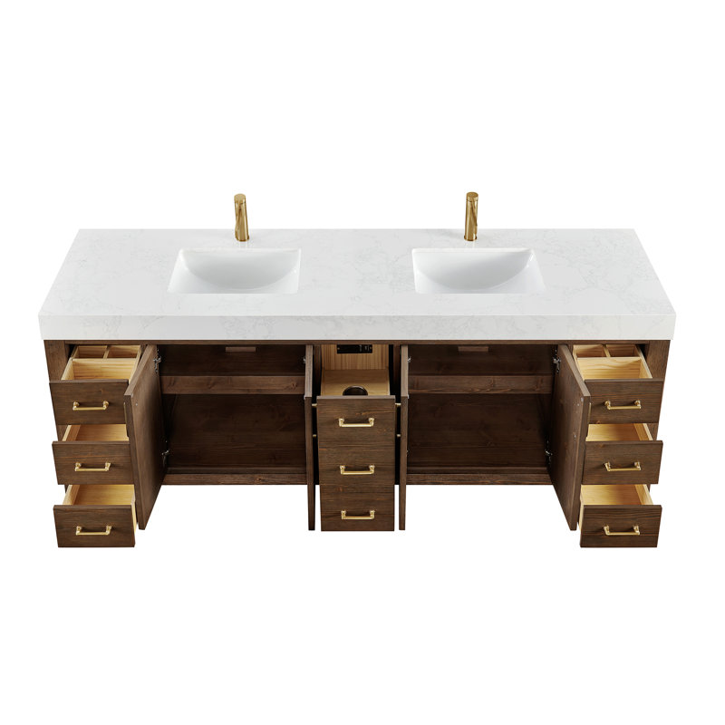 Frederica 84in. Double Bathroom Vanity in Spruce Aged Brown with Composite Stone Top and Mirror, White, Spruce Aged Brown
