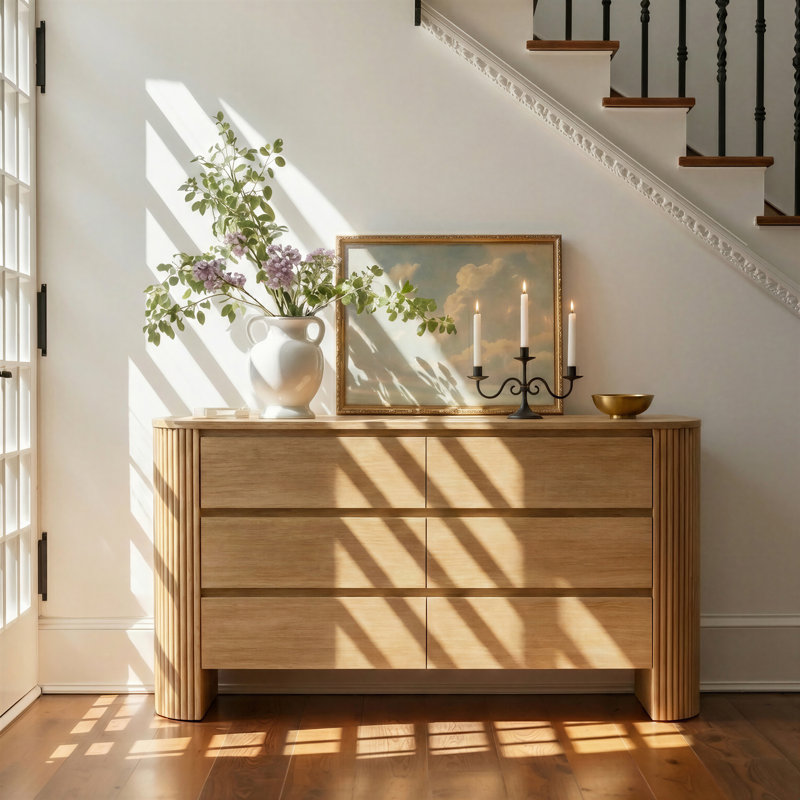 Commode à 6 tiroirs cannelés, commode double large avec silhouette incurvée 59 "Cove