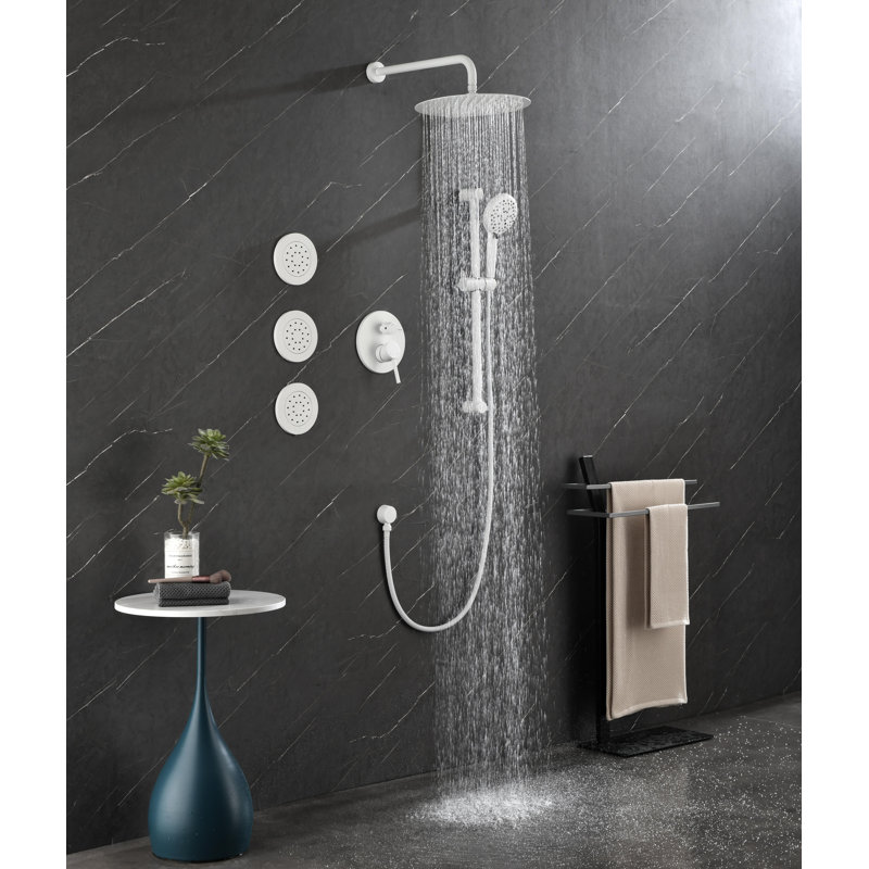 Shower System With Shower Head, Hand Shower, Slide Bar, Bodysprays, Shower Arm, Hose, Valve Trim, And Lever Handles