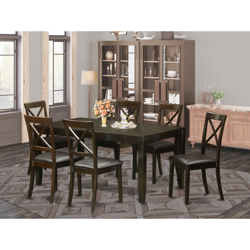 Ensemble de table de salle à manger 7 pièces composé d'une table de cuisine rectangulaire avec rallonge papillon et 6 chaises en similicuir, cappuccino