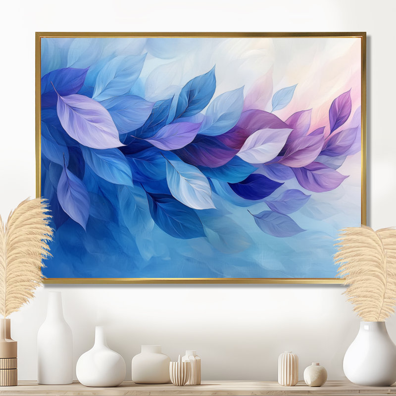«Floating Leaves In Purple Ink River II», art mural feuilles, H 34 po x l 44 po, Impression encadrée flottante, Doré