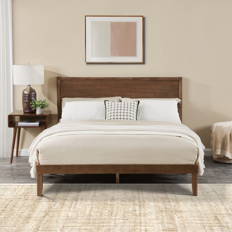 Minimalist Solid Wood Platform Bed with Tall Headboard, Sturdy Construction, Queen