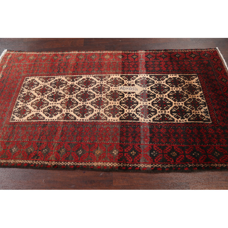 Tapis ivoire / rouge en laine noué à la main de conception unique 3 pi 7 po x 6 pi 4 po années 1990 Hawwa