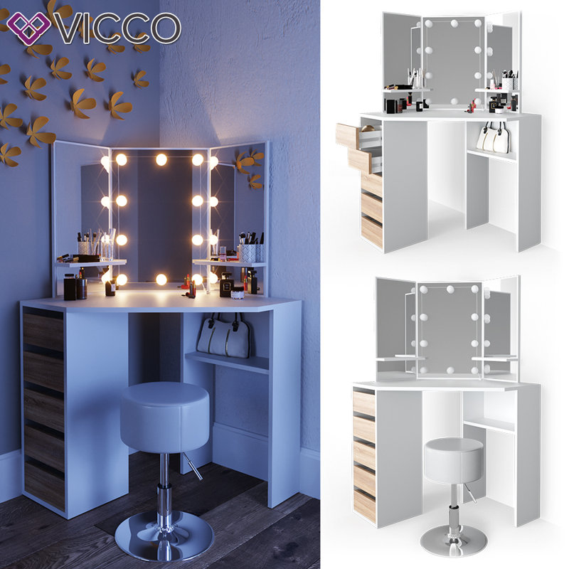 Kumru Dressing Table with Mirror, White/Beige