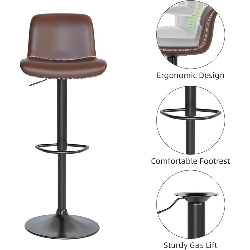 Brown Adjustable Swivel Leather Bar Stools with Metal Footrest (Set of 2)