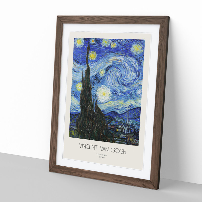 The Starry Night with Border by Vincent Van Gogh - Picture Frame Painting, 48cm H x 36cm W x 2cm D, Walnut Framed