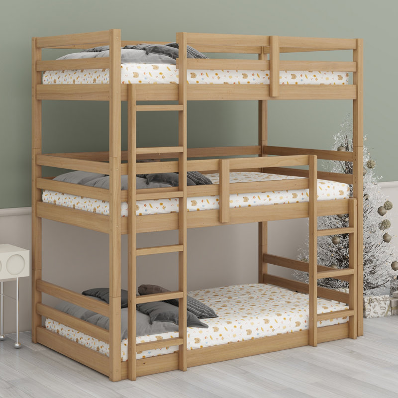 Detachable 3-Tier Bunk Bed Featuring Dual Staircases And Safety Guardrails, White Oak
