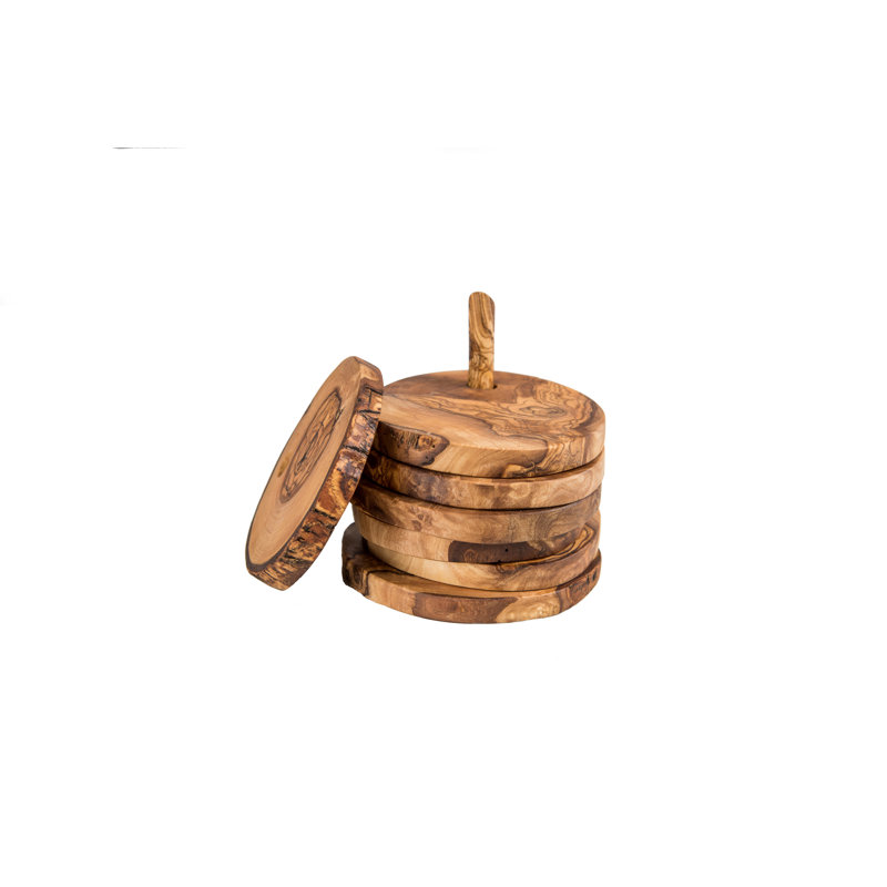 Wood 6 Piece Coaster Set With Holder