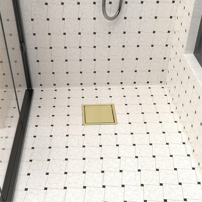 6-Inch Square Shower Drain, Reversible Tile Insert & Grate-Kswhyrs0001, Brushed Gold