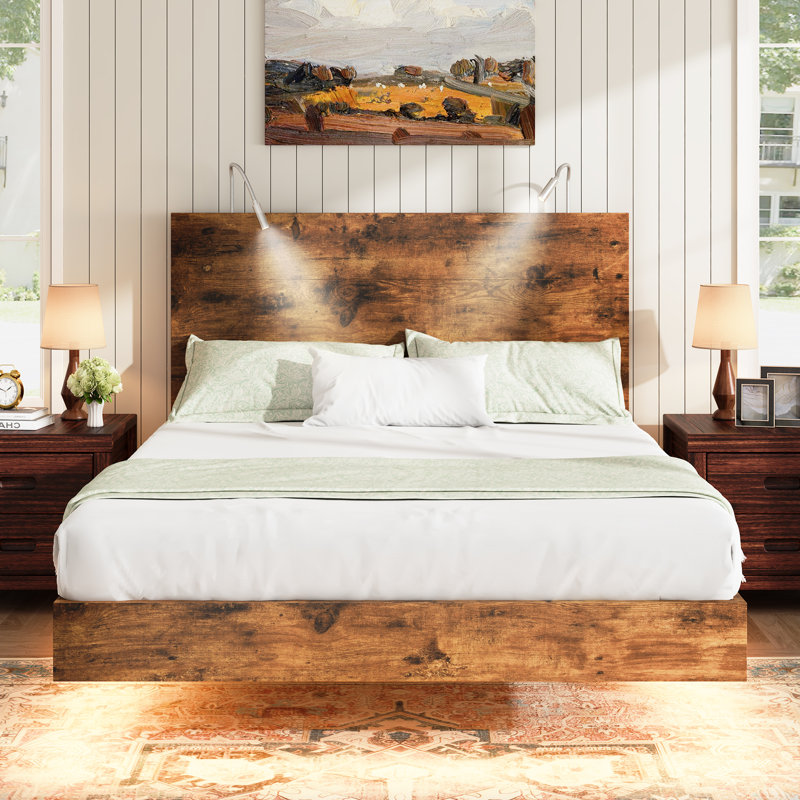 Wooden floating bed frame with LED lights,Platform Bed Frame with Reading Light Headboard, Queen