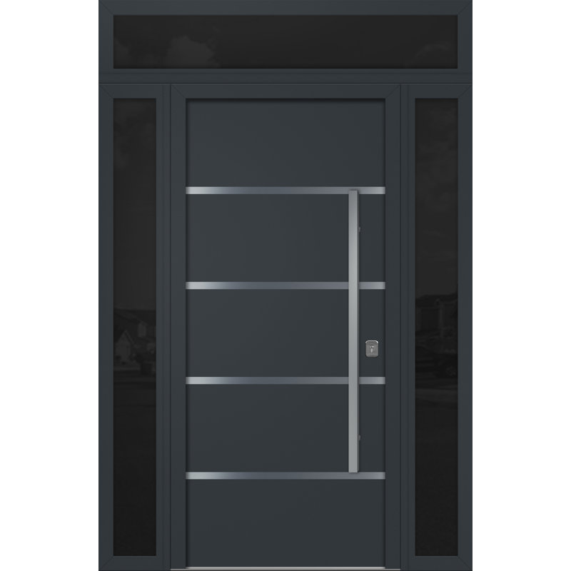 Porte d'entrée extérieure moderne en acier 36 po x 80 po - Inox S3 avec lumières latérales et traverse, Gris