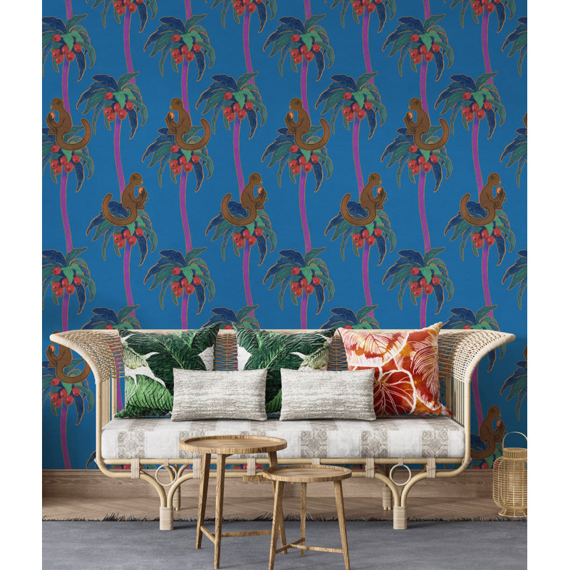 Singe et treillis de palmier, Bleu