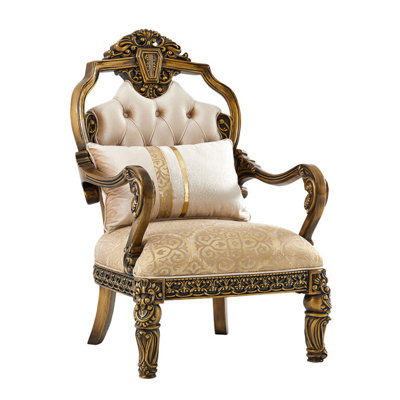 Hand Carved Solid Wood Accent Chair with Plush Fabric
