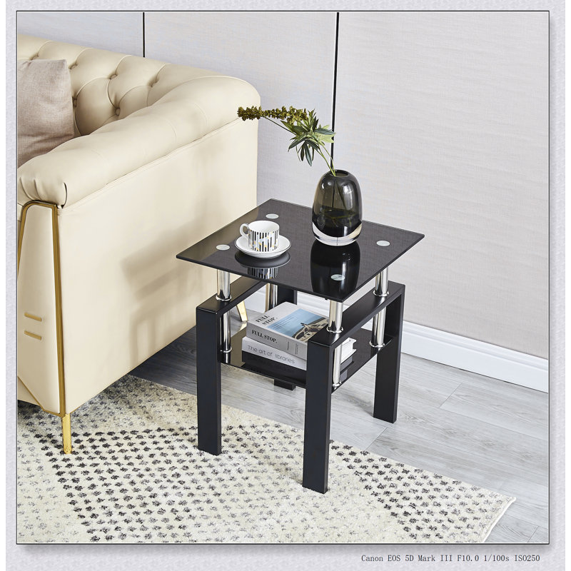 Table de canapé en verre trempé noir, table de bout à 2 niveaux avec rangement, table d'appoint de salon moderne et élégante