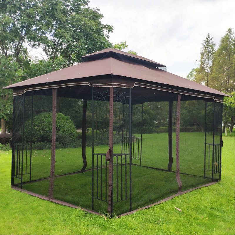 Auvent d'extérieur pour abri de jardin 13X10 avec soleil - matériau et moustiquaire - structure de patio brun