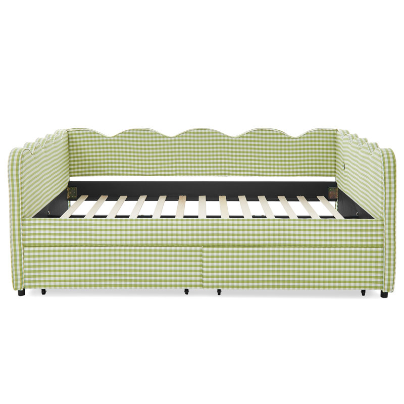Lit de jour en vichy douillet avec deux tiroirs de rangement, port USB et conception adorable en forme de vague, tissu en lin