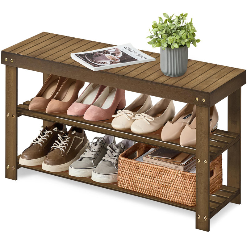 8 Pair Shoe Storage Bench, 3-Tier Bamboo Shoe Rack Bench, Yellow Brown