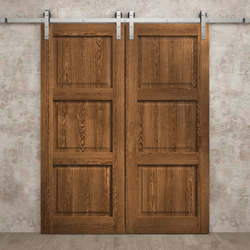 Porte de grange double moderne | Ego 5010 | Ensemble de rail argenté | Portes intérieures solides, Chêne cognac